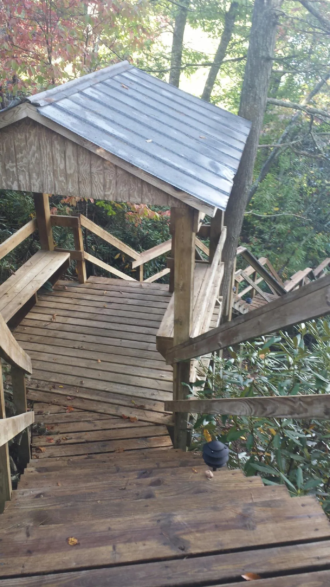 Metal roofed shelter over wooden steps on a wooded walkway — Skylight Repair & Installation work by our crew in Morehead City